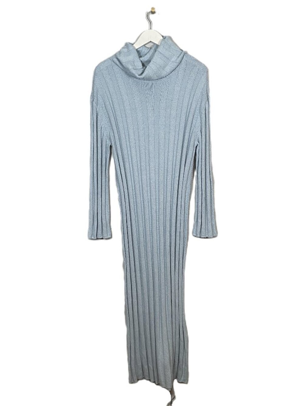 FP Free People Beach Women M Blue Ribbed Knit Maxi Dress Cowl Long Sleeve Cotton